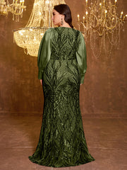Large V-neck Sequined Embroidered Dress