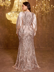 Large V-neck Sequined Embroidered Dress