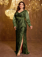 Large V-neck Sequined Embroidered Dress