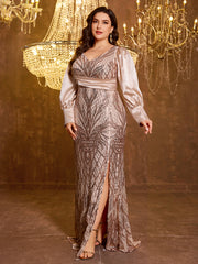 Large V-neck Sequined Embroidered Dress