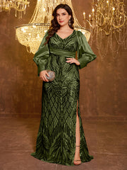 Large V-neck Sequined Embroidered Dress