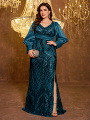 Large V-neck Sequined Embroidered Dress