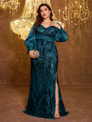 Large V-neck Sequined Embroidered Dress