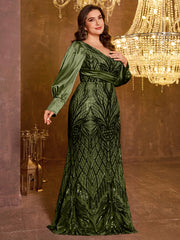 Large V-neck Sequined Embroidered Dress