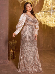 Large V-neck Sequined Embroidered Dress