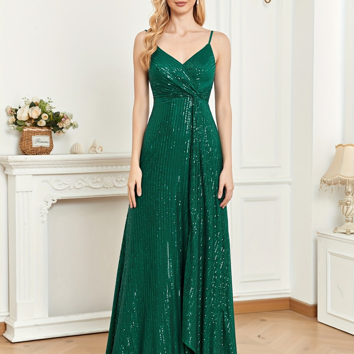 Sequined Bridesmaid Strap Dress, Elegant Surplice Neck Twist Front Dress For Wedding Party | XUIBOL