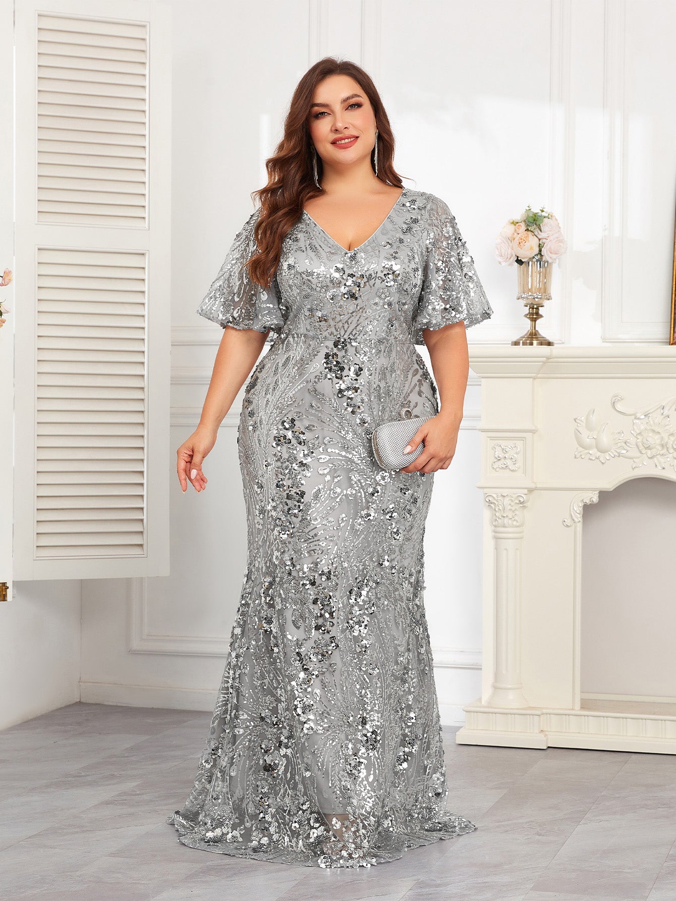 XUIBOL | Plus Size High-Quality Elastic Sequin Beaded Fitted V-Neck Short Sleeve Elegant Formal Gown, Stunning For Party, Wedding, Mother Of The Bride Dresses (Heavily Embellished), Semi Formal Prom Dress, For Birthday, Wedding Guest