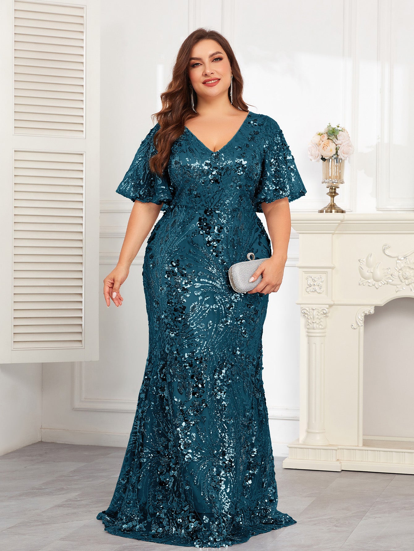 XUIBOL | Plus Size High-Quality Elastic Sequin Beaded Fitted V-Neck Short Sleeve Elegant Formal Gown, Stunning For Party, Wedding, Mother Of The Bride Dresses (Heavily Embellished), Semi Formal Prom Dress, For Birthday, Wedding Guest