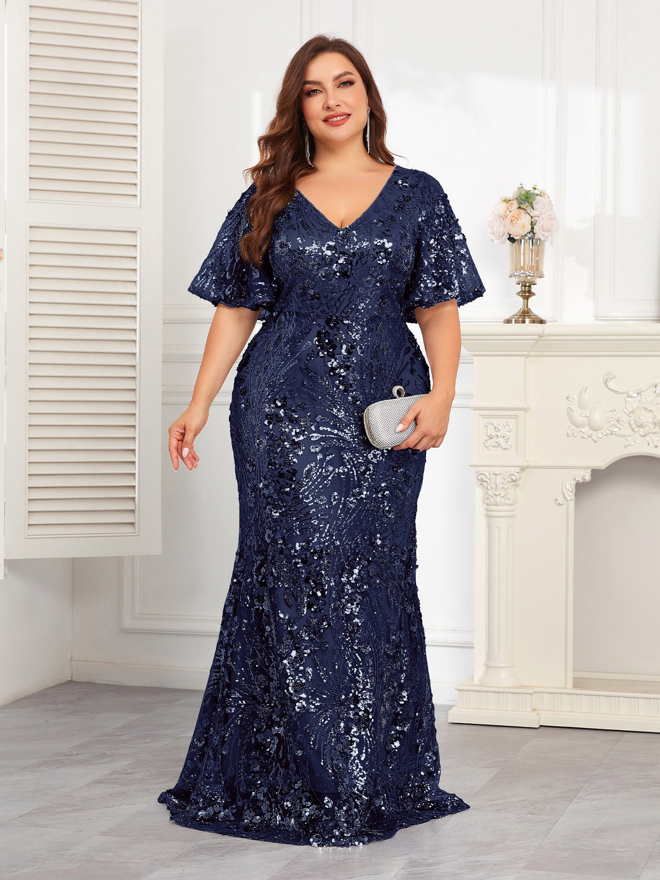 XUIBOL | Plus Size High-Quality Elastic Sequin Beaded Fitted V-Neck Short Sleeve Elegant Formal Gown, Stunning For Party, Wedding, Mother Of The Bride Dresses (Heavily Embellished), Semi Formal Prom Dress, For Birthday, Wedding Guest