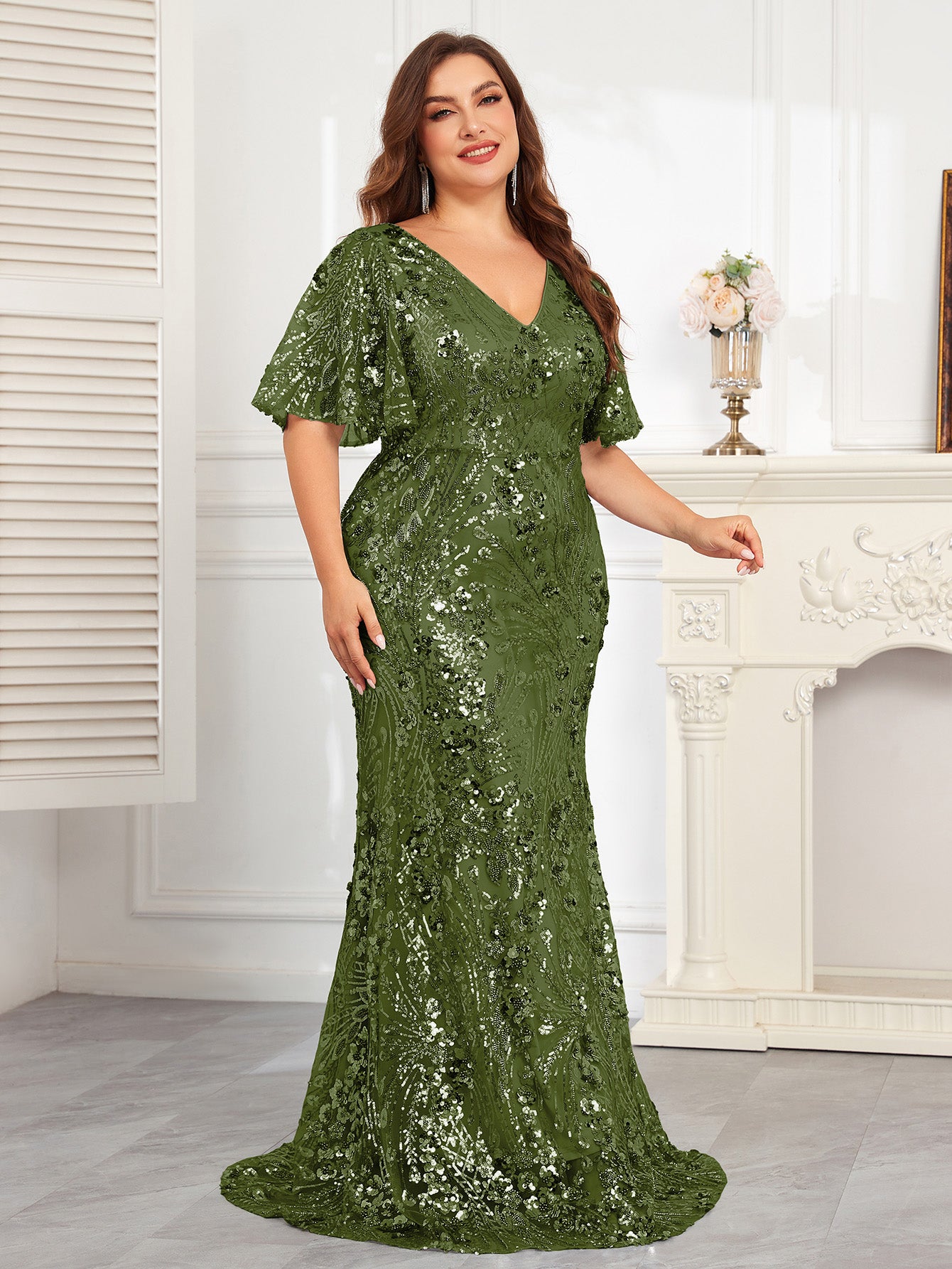 XUIBOL | Plus Size High-Quality Elastic Sequin Beaded Fitted V-Neck Short Sleeve Elegant Formal Gown, Stunning For Party, Wedding, Mother Of The Bride Dresses (Heavily Embellished), Semi Formal Prom Dress, For Birthday, Wedding Guest