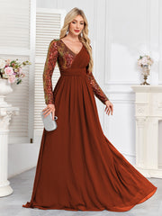 Navy Blue Multicolor Sequin Long Sleeve A‑Line Evening Gown