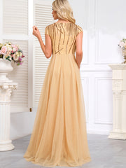Champagne Gold off-The-Shoulder Beaded Tulle Gown