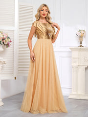Champagne Gold off-The-Shoulder Beaded Tulle Gown