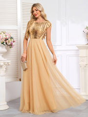 Champagne Gold off-The-Shoulder Beaded Tulle Gown