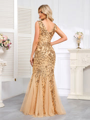 Champagne Gold Beaded Tulle Mermaid Gown