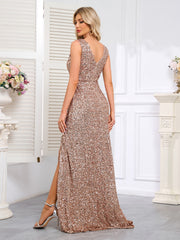 Elegant Sleeveless Deep V Neck Champagne Gold Gala Maxi Dress