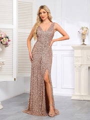 Elegant Sleeveless Deep V Neck Champagne Gold Gala Maxi Dress