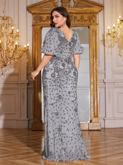 Navy Blue Sequin Puff Short Sleeve Mermaid Plus Size Evening Gown