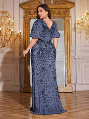 Navy Blue Sequin Puff Short Sleeve Mermaid Plus Size Evening Gown