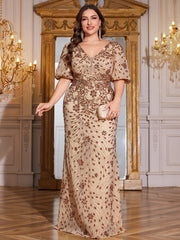 Navy Blue Sequin Puff Short Sleeve Mermaid Plus Size Evening Gown