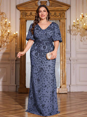Navy Blue Sequin Puff Short Sleeve Mermaid Plus Size Evening Gown