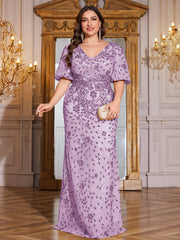 Navy Blue Sequin Puff Short Sleeve Mermaid Plus Size Evening Gown