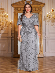 Navy Blue Sequin Puff Short Sleeve Mermaid Plus Size Evening Gown
