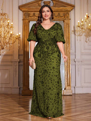 Navy Blue Sequin Puff Short Sleeve Mermaid Plus Size Evening Gown