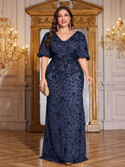 Navy Blue Sequin Puff Short Sleeve Mermaid Plus Size Evening Gown