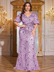 Navy Blue Sequin Puff Short Sleeve Mermaid Plus Size Evening Gown