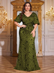 Navy Blue Sequin Puff Short Sleeve Mermaid Plus Size Evening Gown