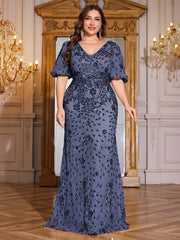 Navy Blue Sequin Puff Short Sleeve Mermaid Plus Size Evening Gown