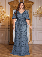 Navy Blue Sequin Puff Short Sleeve Mermaid Plus Size Evening Gown