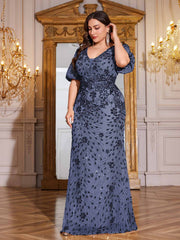 Navy Blue Sequin Puff Short Sleeve Mermaid Plus Size Evening Gown