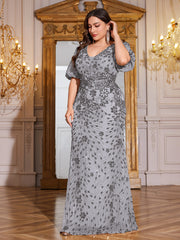 Navy Blue Sequin Puff Short Sleeve Mermaid Plus Size Evening Gown