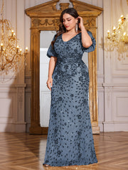 Navy Blue Sequin Puff Short Sleeve Mermaid Plus Size Evening Gown