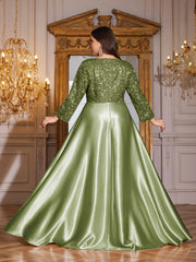 Champagne Gold Lace Satin 3/4 Sleeve A‑Line Plus Size Evening Gown