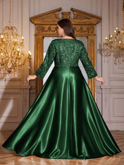 Champagne Gold Lace Satin 3/4 Sleeve A‑Line Plus Size Evening Gown