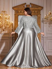 Champagne Gold Lace Satin 3/4 Sleeve A‑Line Plus Size Evening Gown