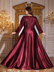 Champagne Gold Lace Satin 3/4 Sleeve A‑Line Plus Size Evening Gown