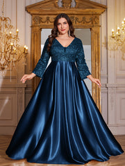 Champagne Gold Lace Satin 3/4 Sleeve A‑Line Plus Size Evening Gown