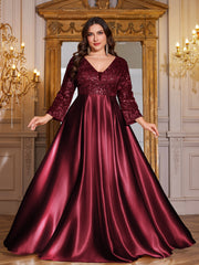 Champagne Gold Lace Satin 3/4 Sleeve A‑Line Plus Size Evening Gown