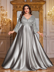 Champagne Gold Lace Satin 3/4 Sleeve A‑Line Plus Size Evening Gown
