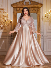 Champagne Gold Lace Satin 3/4 Sleeve A‑Line Plus Size Evening Gown