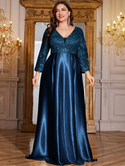 Champagne Gold Lace Satin 3/4 Sleeve A‑Line Plus Size Evening Gown