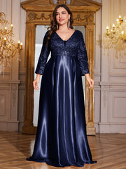 Champagne Gold Lace Satin 3/4 Sleeve A‑Line Plus Size Evening Gown
