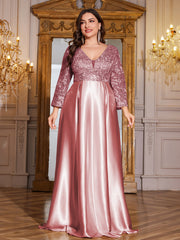 Champagne Gold Lace Satin 3/4 Sleeve A‑Line Plus Size Evening Gown
