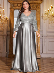 Champagne Gold Lace Satin 3/4 Sleeve A‑Line Plus Size Evening Gown