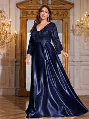Champagne Gold Lace Satin 3/4 Sleeve A‑Line Plus Size Evening Gown