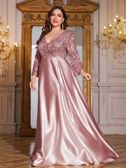 Champagne Gold Lace Satin 3/4 Sleeve A‑Line Plus Size Evening Gown